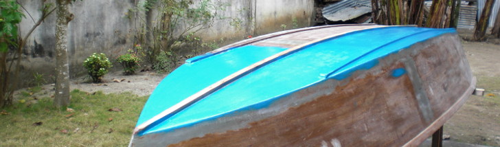 Painting the boat in blue and white